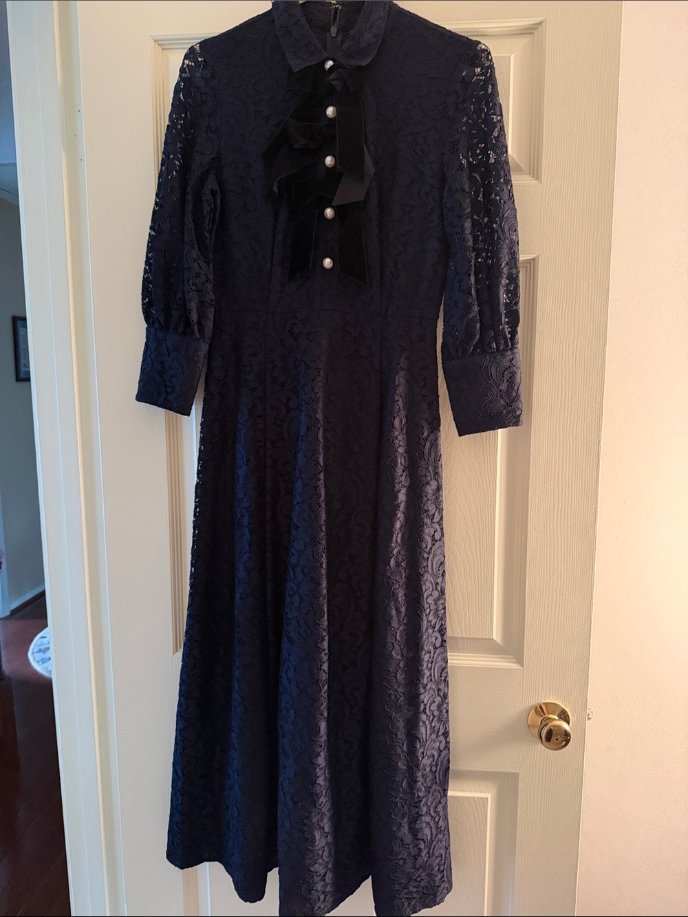 Women's Navy Lace Dress with Velvet Bows